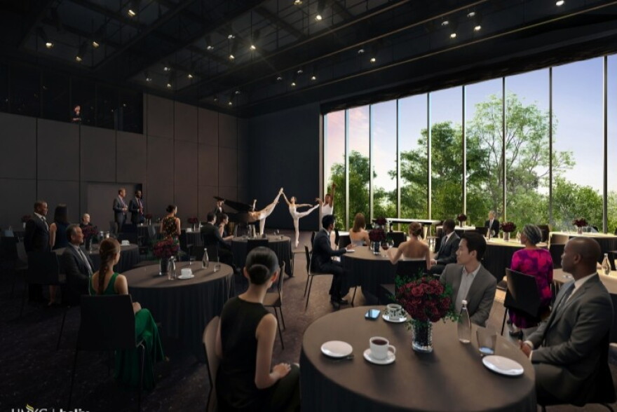 An artist rendering shows a black-box performance space to be used by the dance, music and theatre programs.