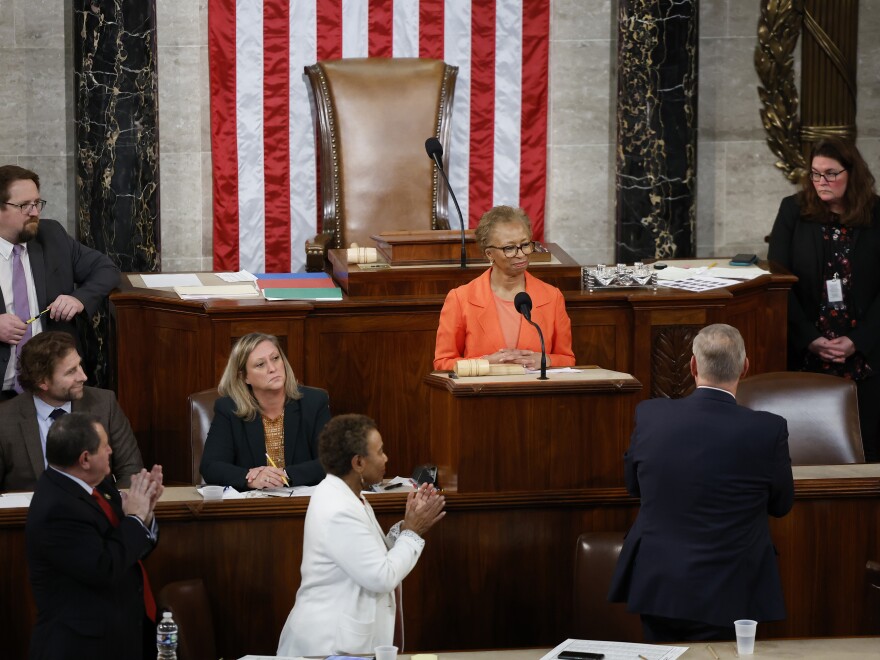 House Clerk Cheryl Johnson receives a standing ovation in the House chamber on Thursday, the third day of speaker elections.