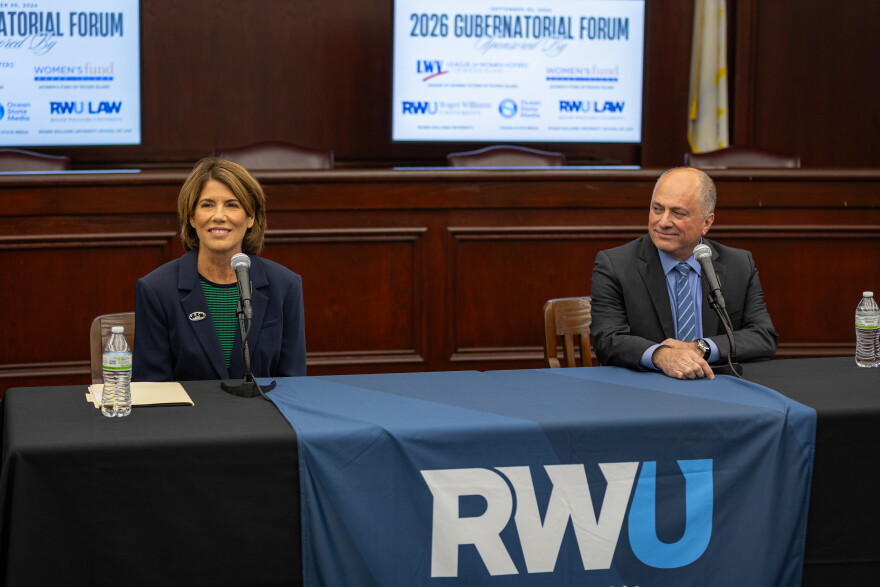 Democratic candidate Helena Foulkes, left, and independent candidate Ken Block, right, tackled housing, healthcare and infrastructure at the Sept. 30 gubernatorial forum. Credit: Rose Wheeler/Ocean State Media