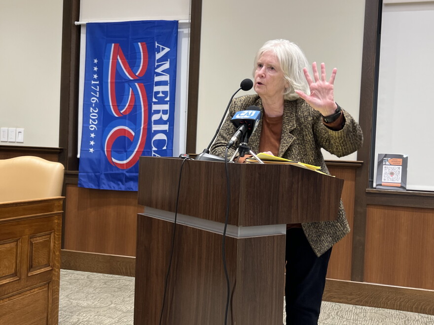 Rosemary Shields, of the League of Women Voters of the Cape Cod Area, questions a Holtec representative about the possibility that the company could go to federal court seeking to discharge wastewater into Cape Cod Bay. Sept. 28, 2026.