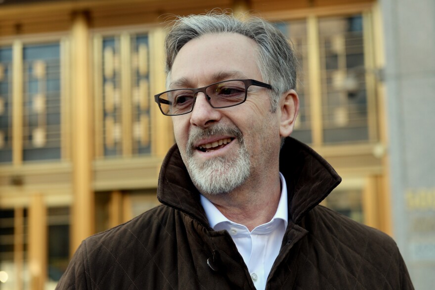 French winemaker Laurent Ponsot speaks to the media outside federal court in Manhattan after wine dealer Rudy Kurniawan was found guilty Wednesday of fraud.