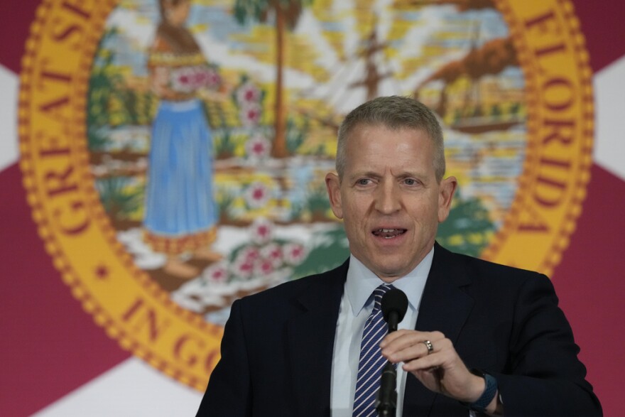 Florida House Speaker Paul Renner speaks during a press conference where Governor Ron DeSantis signed several bills related to public education and teacher pay, in Miami, Tuesday, May 9, 2023.