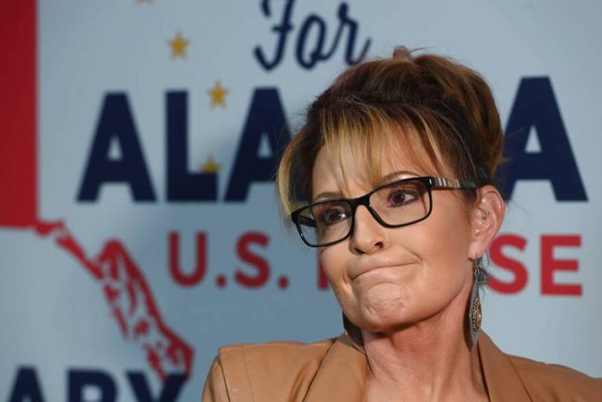 U.S. House candidate Sarah Palin at her campaign headquarters in South Anchorage after the rank choice ballots were counted on Wednesday.