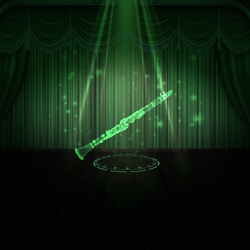 futuristic illustration of a clarinet being projected on a dark stage in neon green light