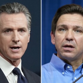 FILE - This combination of photos shows California Gov. Gavin Newsom speaking in Sacramento, Calif., on June 24, 2022, left, and Florida Gov. Ron DeSantis speaking in Sioux Center, Iowa, May 13, 2023, right. 