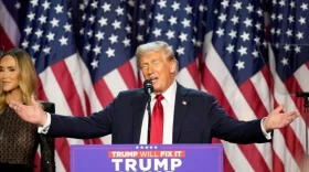 Republican presidential nominee former President Donald Trump speaks at an election night watch party, Wednesday, Nov. 6, 2024, in West Palm Beach, Fla.