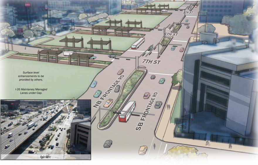 An illustration showing what I-35 would look like with northbound and southbound frontage roads on the same side of the interstate