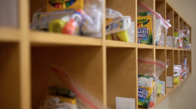 As a precaution against COVID-19, school supplies are individually bagged in a classroom in Texas.