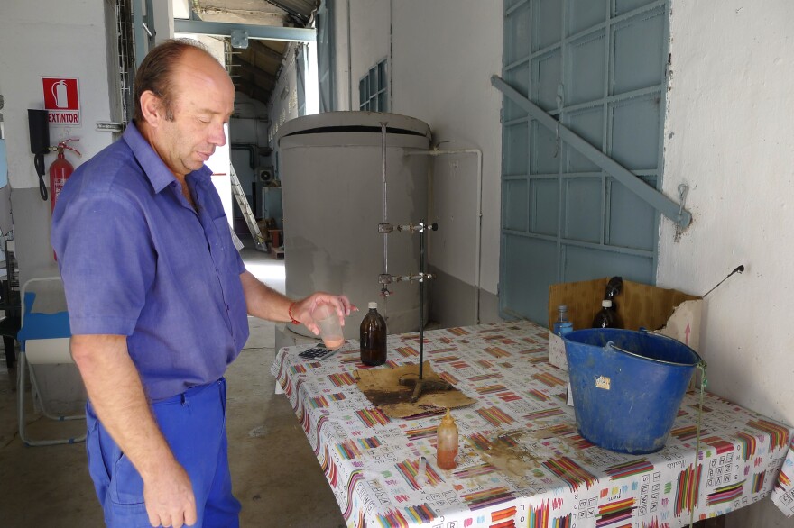 Inside a pumping station on the Guadalquivir River, José Godoy tests the water for salt content. When drought hits, the water becomes too salty, and can poison crops.