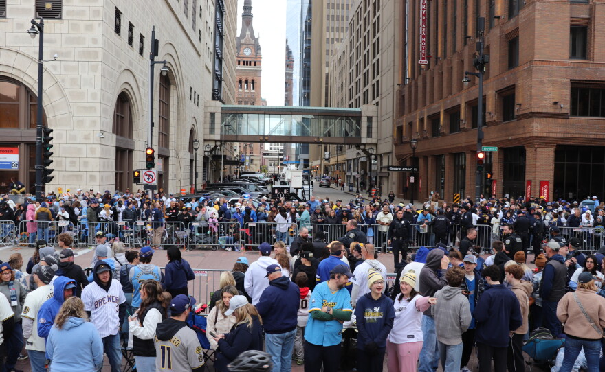 Milwaukee Brewers fans packed downtown Milwaukee Friday morning for a parade celebrating the Brewers' Wednesday night World Series victory over the Tampa Bay Rays.