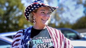 Trump supporter, Renee Kyro of Lake Lure, North Carolina at the Team Trump bus tour across North Carolina, Thursday, Oct. 17, 2024 in Rutherfordton, N.C. (AP Photo/Kathy Kmonicek)