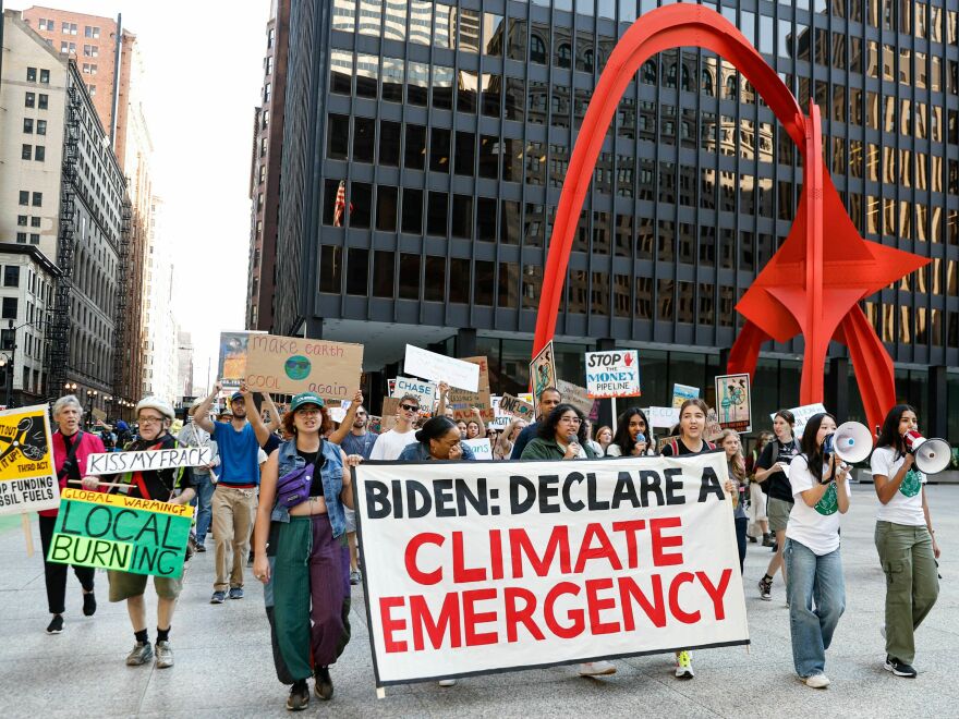 Environmental activists march during the Global Climate Strike in downtown Chicago on Sept. 15, 2023. Local groups across the United States are gathering to call for an end to the era of fossil fuels.