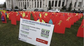 Suicide prevention phone numbers and red mock tombstones designating some of the more than 1,000 people who took their lives by suicide in Washington state in 2017 are displayed on a grassy area near the Temple of Justice, Tuesday, March 12, 2019, at the Capitol in Olympia, Wash. (Ted S. Warren/AP)