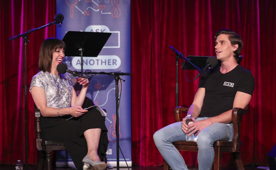 Ophira Eisenberg and Antoni Porowski on <em>Ask Me Another</em> at the Bell House in Brooklyn, New York.