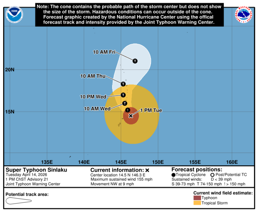Forecast track of Sinlaku as of 1 p.m. Tuesday.