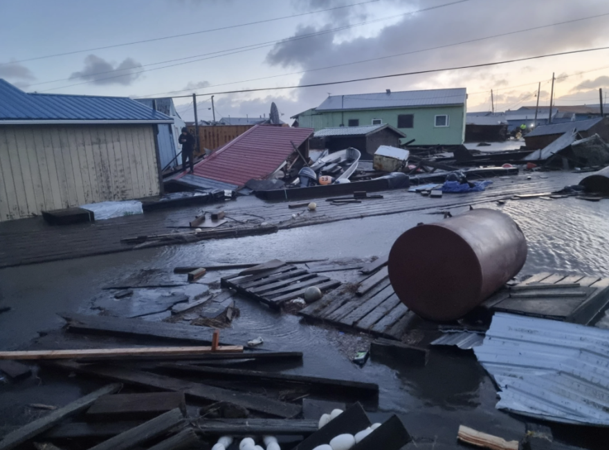 Damage in the lower Kuskokwim Delta community of Kipnuk on the morning of Oct. 12, 2025.