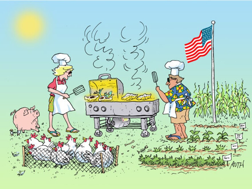 Bridget Lancaster and Jack Bishop prepare a traditional summer barbecue, as imagined by WHYY's artist-in-residence, Tony Auth.