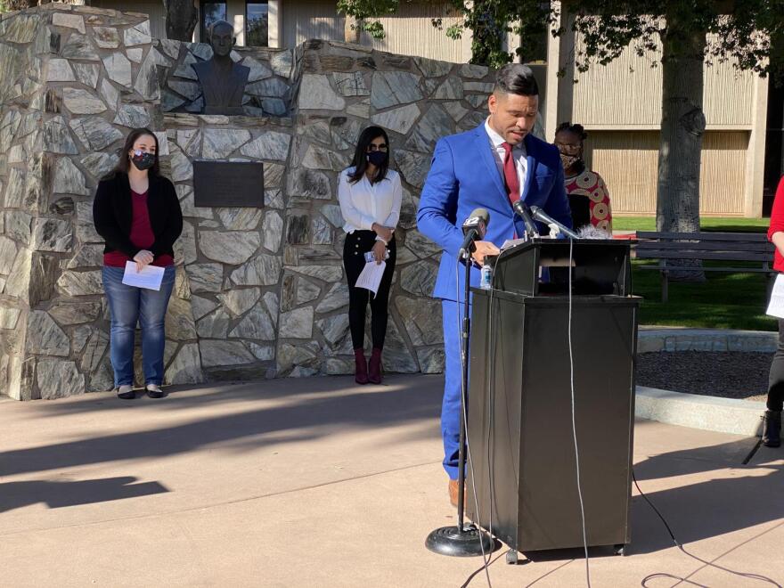 Devin Del Palacio speaks at rally