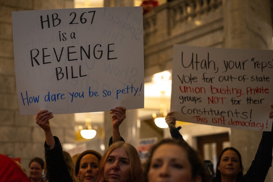 Since HB267 was first introduced, some opponents believed lawmakers were using the bill to retaliate against the Utah Education Association, the state’s largest teachers union, for challenging the state in court. One rally attendee held a sign that said, “HB267 is a revenge bill. How dare you be so petty!”
