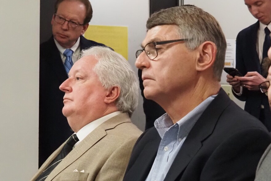 Independent pharmacists Harry Webb, left, and Kp Burkett testified on a PBM bill on March 25, 2025.