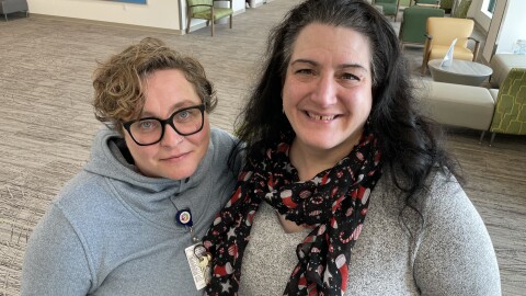 Akron Children's Hospital narrative medicine coordinator Nicole Robinson, left and palliative care physician Dr. Cathy Kelly-Langen work together to use creative writing in the healing arts.