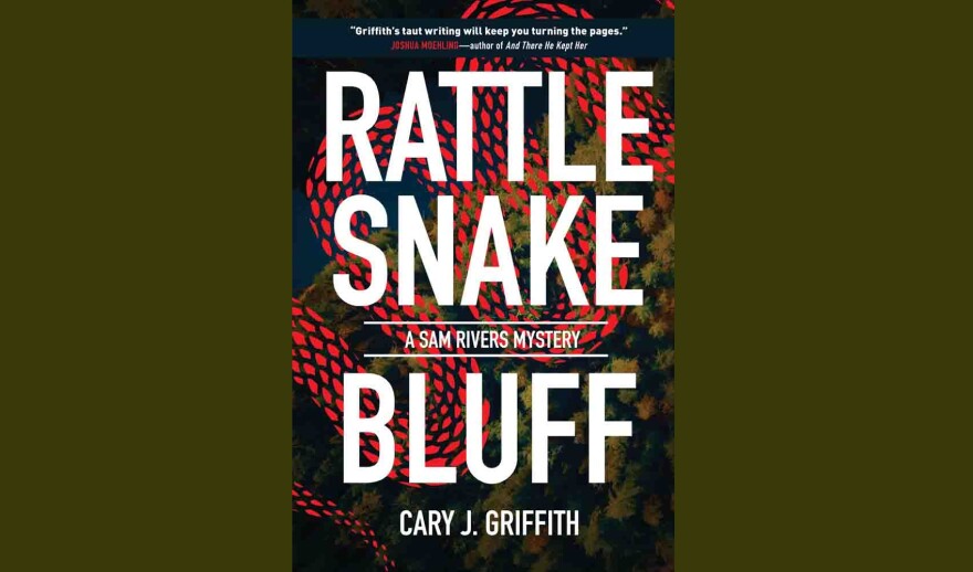 Cover of "Rattlesnake Bluff" by Cary J. Griffith; stylized pattern of a red snake on illustrated brown and green brush behind the text