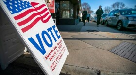 Voters filing in and out at the Allston branch of the Boston Public Library. (Jesse Costa/WBUR)