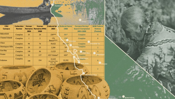 Illustration of Indian baskets, woman and itemized spreadsheet.