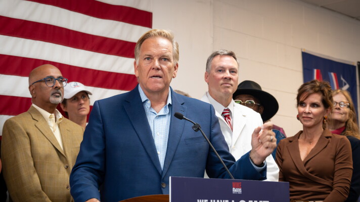 Michigan U.S. Senate candidate Mike Rogers speaks to reporters at a campaign office in Taylor, Michigan on Saturday, September 19.