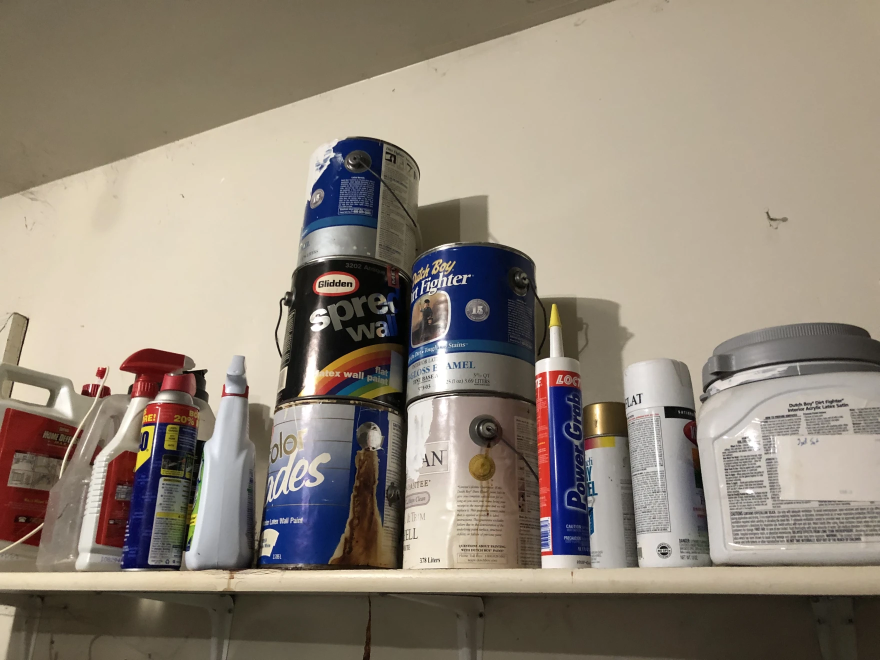 Containers of paint, cleaners and pest control chemicals sit on a shelf in a residential garage.