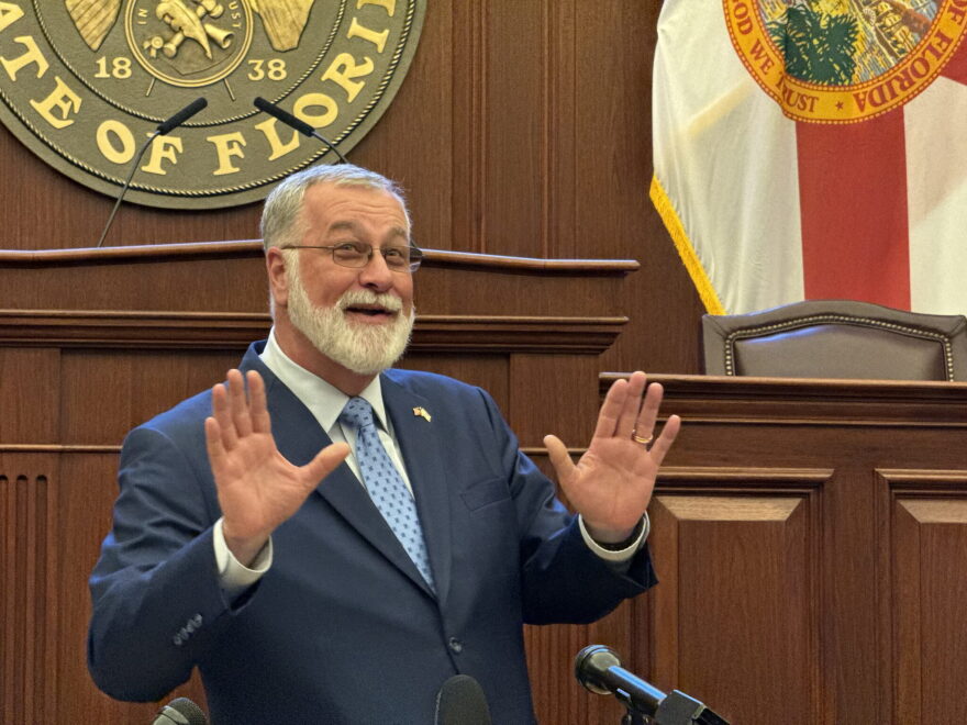 Senate President Ben Albritton talks to reporters following the 2026 session Sine Die on March 13, 2026.