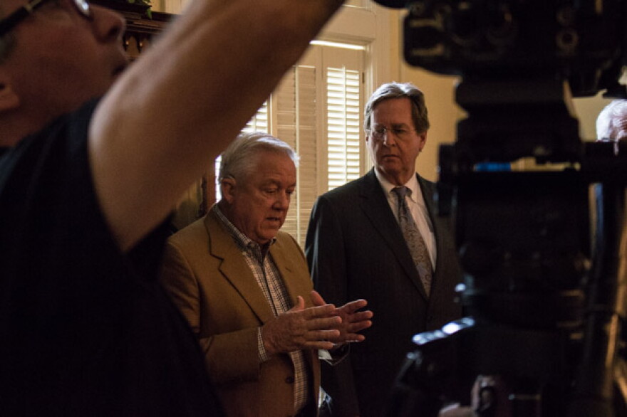 Pete Brown of Kingfisher oil company Brown & Borelli and former Tulsa mayor Dewey Bartlett of Keener Oil and Gas speak out against legislation to expand horizontal drilling at a Oklahoma Energy Producers Alliance media event.