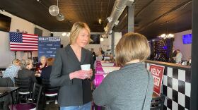Kelly Craft speaks to someone during a campaign event Wednesday morning at the Gaslight Diner in Jeffersontown. She's running in the Republican primary election for governor on May 16.