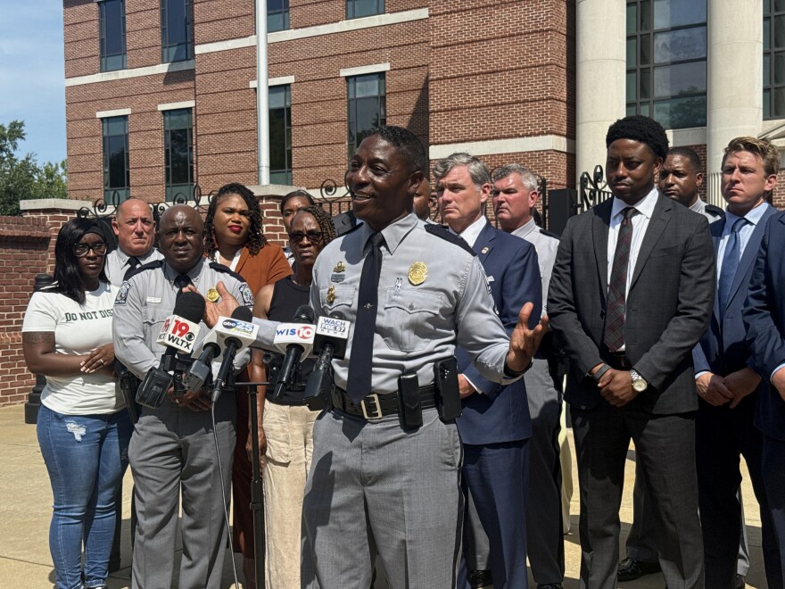 South Carolina Highway Patrol Lance Cpl. B.A. Frazier speaks to reporters Aug. 13 outside the Matthew J. Perry Federal Courthouse in Columbia.