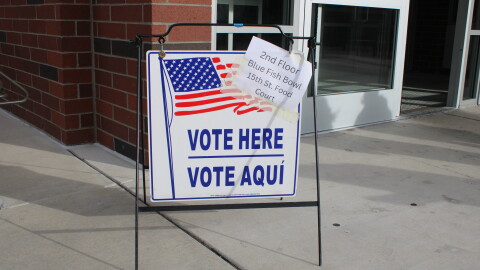 A small white sign reads "VOTE HERE" with an American flag on it.