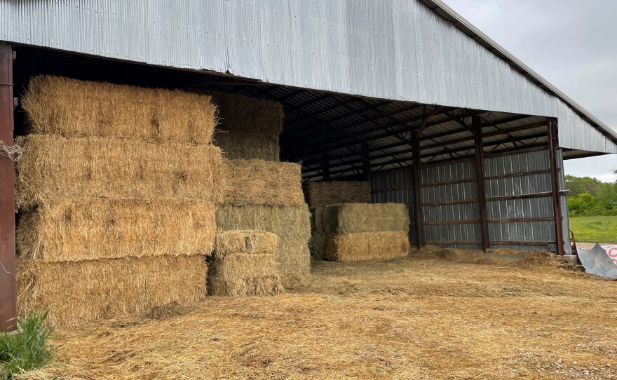 Bales of hay are stored in another barn on the property.