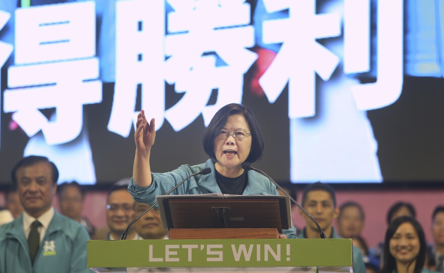 Taiwan's President Tsai Ing-wen delivers a speech in Taipei on Nov. 17 as she launches her reelection campaign. Taiwan will hold its presidential election on Jan. 11.