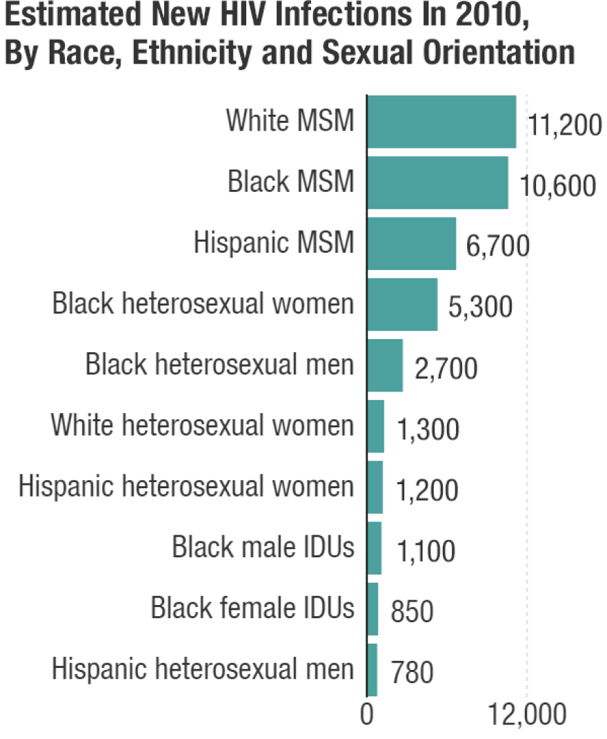 "MSM" stands for "men who have sex with men." "IDUs" refers to injection drug users. "White" is defined as "white, non-Hispanic" and "black" is defined as "black, non-Hispanic." Source: <a href="http://www.cdc.gov/nchhstp/newsroom/docs/factsheets/hiv-and-aids-in-america-a-snapshot-508.pdf">U.S. Department of Health and Human Services</a>, 2016.