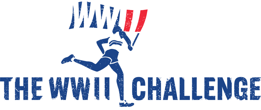 Image of the World War 2 challege logo, Man running with a flag saying WWII
