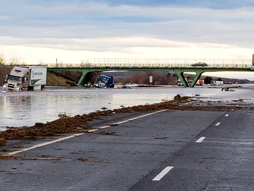 This photo provided by the Oregon State Police shows severe flooding on Interstate 84, a major freeway linking Idaho and Oregon, near Hermiston, Ore., on Feb. 7, 2020.