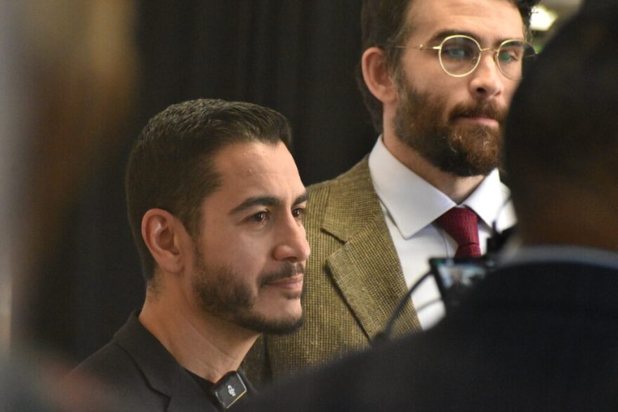 Democratic U.S. Senate candidate Abdul El-Sayed, left, and political influencer Hasan Piker, right, take questions from the media before an event on the campus of Michigan State University in East Lansing, Mich on April 7, 2026