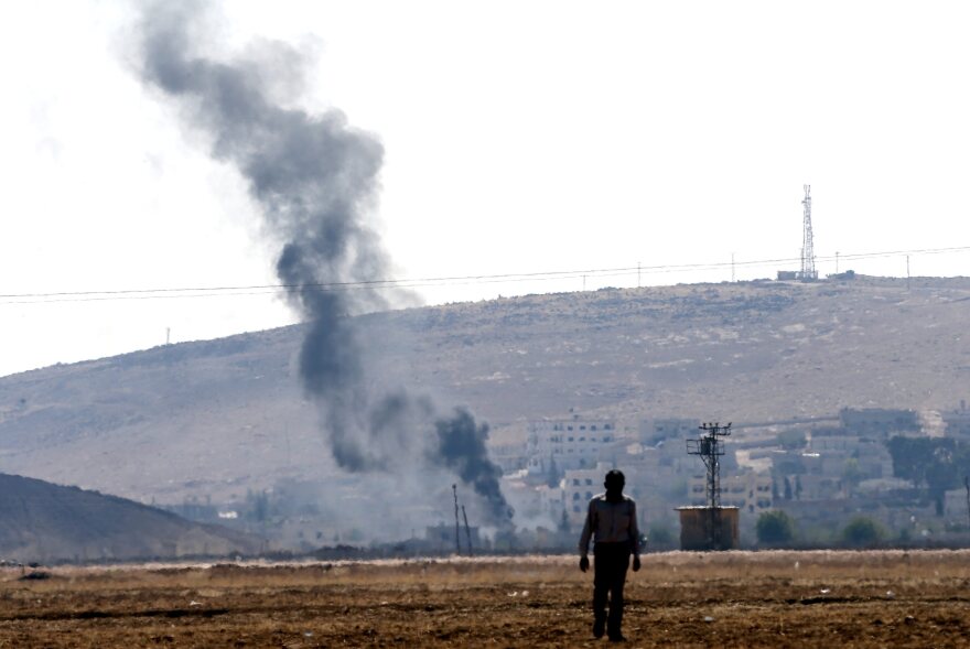 Smoke rises from buildings in Syria's Kobani city on the Turkish-Syrian border, near Sanliurfa, on Monday.