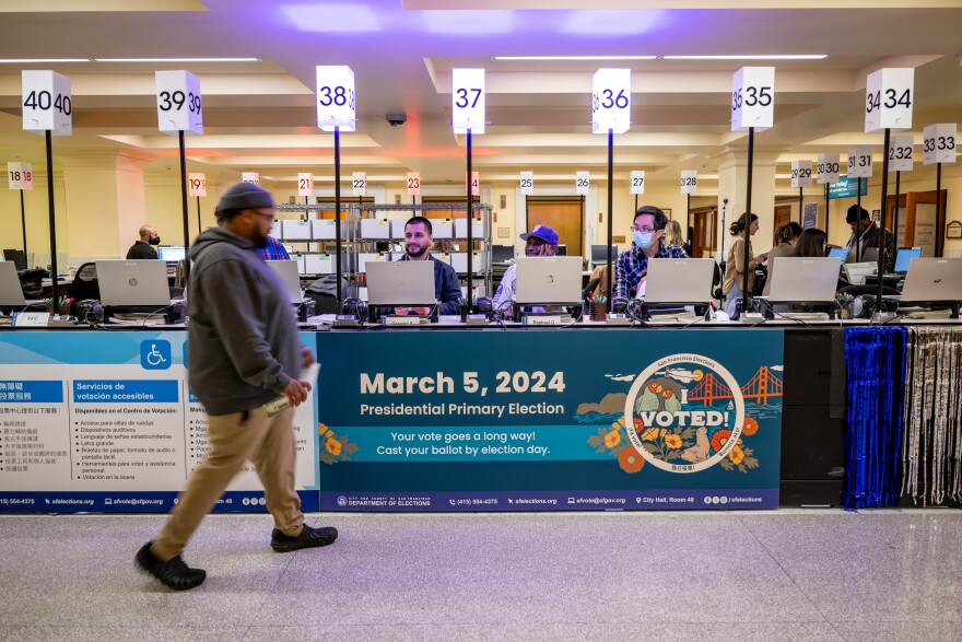 Voters cast their ballots on Super Tuesday at City Hall in San Francisco, Calif., on March 5, 2024.