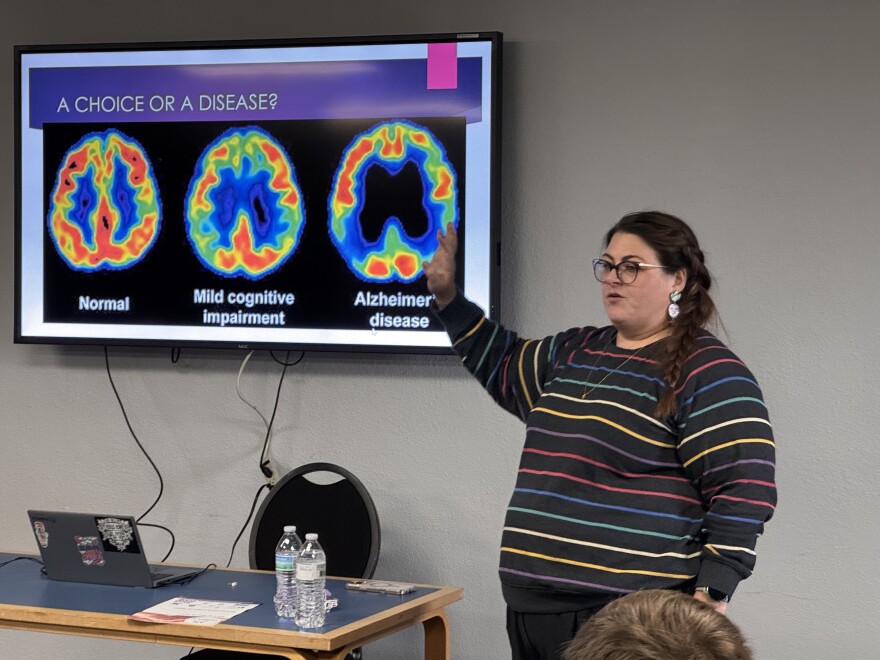 Micala Gingrich-Gaylord, president of Comfort Care Homes, leads an information session for leaders at the Wichita Symphony. Gingrich-Gaylord founded the Purple Line Project, which helps businesses better accommodate people with dementia and their caregivers.