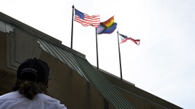 The Pride flag waves at the Margaret Morton Government Center during the city's annual flag raising June 17, 2024 in Bridgeport, Connecticut.