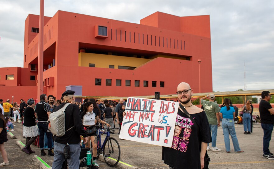 Justice Adrastella attended the event after marching at the No Kings protest downtown.