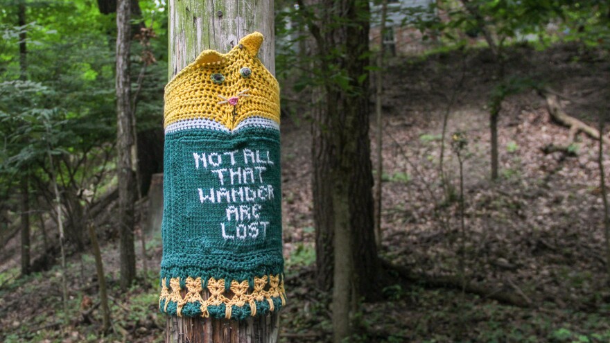 A knit covering on a telephone poll features an orange cat's head and the words: Not all that wander are lost.