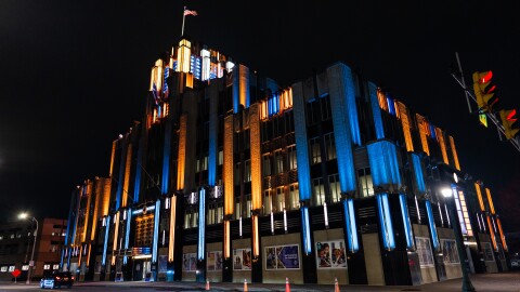 The Art Deco Niagara Hudson Building in Syracuse featuring the chrome "Spirit of Light" winged sculpture.