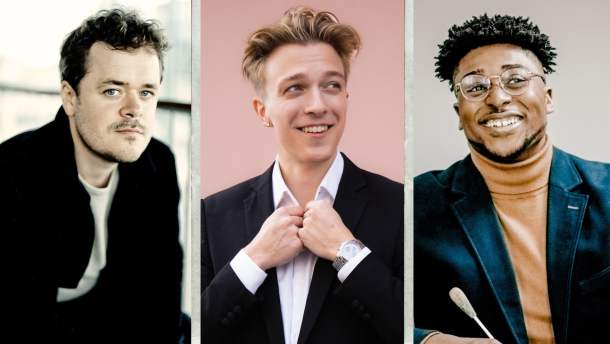 A display of the three artists in beiges and pinks. Benjamin Grosvenor sits outside in a dark coat, leaning forward and looking up at the camera. Ross Jamie Collins straightens the collar of his white button down and smiles, looking off to the right of frame. Na'Zir McFadden poses in front of a beige backdrop in a turtleneck and suit jacket, holding his baton. He smiles widely and looks off to the right of frame.