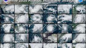 This combination of satellite images provided by the National Hurricane Center shows 30 hurricanes which occurred during the 2020 Atlantic hurricane season. Nature struck relentlessly in 2020 with record-breaking and deadly weather and climate related disasters. From the most named storms in the Atlantic with a record number of them intensifying rapidly to the largest area of the western U.S. states burned by wildfires, to killer floods in Asia and Africa and a hot, melting Arctic, 2020 was more than a disastrous year, it was a year of disasters. (National Hurricane Center via AP)